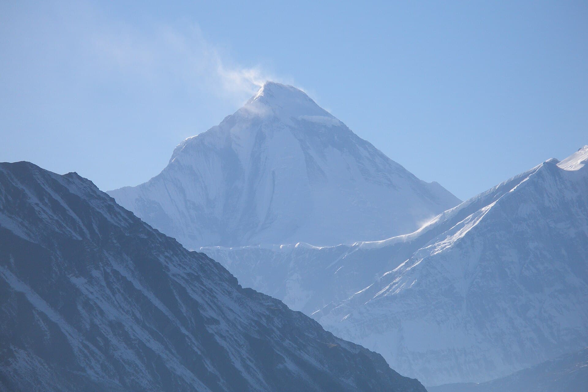 Dhaulagiri. Never fail to be polite and never outstay the welcome. Southeast ridge on the left, northwest ridge on the right. East face, northeast ridge (standard accent route) and north face in between. Dhaulagiri, Himalaya, Nepal.